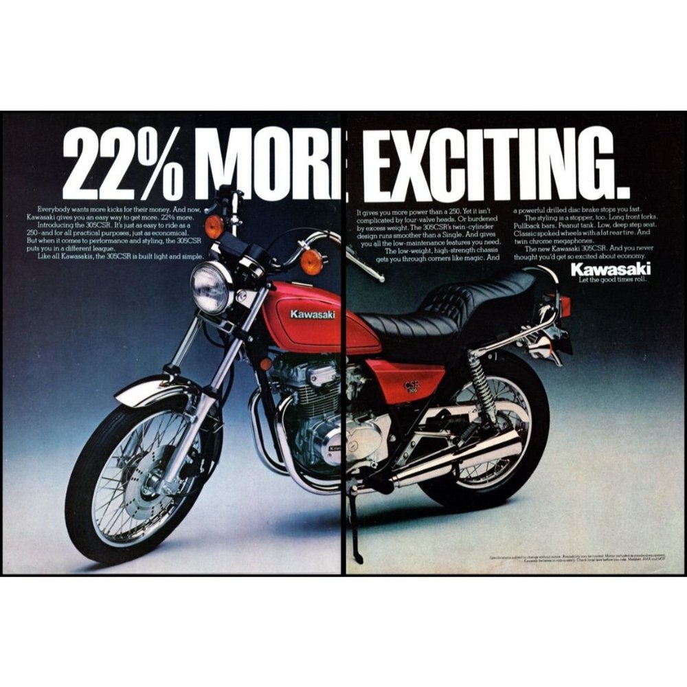 1981 Kawasaki 305CSR Motorcycle Sport Bike 2 Page Vintage Print Ad Wall Art 80s